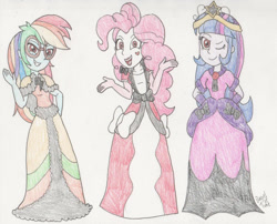 Size: 1400x1130 | Tagged: safe, artist:bageloftime, idw, pinkie pie, rainbow dash, twilight sparkle, human, equestria girls, g4, ponies of dark water, big crown thingy, clothes, coronation dress, dress, element of magic, female, gown, jewelry, long dress, long skirt, regalia, skirt, supersonic rainbow dash, traditional art, trio, twilight sparkle (alicorn)