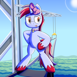 Size: 2000x2000 | Tagged: safe, artist:trackheadtherobopony, oc, oc:cinnamon lightning, pony, unicorn, :p, belly, bipedal, bow, cable, collar, eyelashes, female, female oc, high res, horn, mare, mare oc, pony oc, power line, solo, standing on two hooves, this will end in death, this will end in tears, this will end in tears and/or death, tongue out, unicorn oc