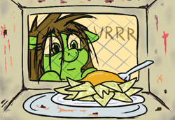 Size: 580x400 | Tagged: safe, artist:jargon scott, oc, oc only, oc:anon-mare, earth pony, pony, cheese, chips, female, food, mare, messy mane, microwave, nachos, onomatopoeia, solo, spoon, this will end in death, this will end in electrocution, this will end in tears, this will end in tears and/or death, this will not end well