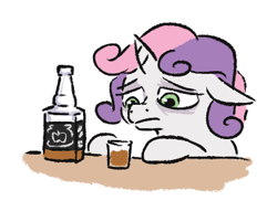Size: 400x306 | Tagged: safe, artist:jargon scott, sweetie belle, pony, unicorn, g4, alcohol, bags under eyes, drink, drunk, ears, female, filly, floppy ears, foal, glass, jack daniels, shot glass, simple background, solo, underaged drinking, white background