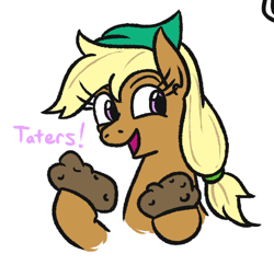 Size: 487x471 | Tagged: safe, artist:jargon scott, oc, oc only, oc:tater trot, earth pony, pony, female, food, hoof hold, mare, open mouth, open smile, potato, simple background, smiling, solo, white background