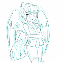 Size: 3600x3600 | Tagged: safe, artist:sweetsismagic, oc, oc only, oc:stardust, pegasus, anthro, kilalaverse, 2015, anthro oc, clothes, crossed arms, female, frown, high res, looking away, mare, monochrome, offspring, old art, panties, parent:flash sentry, parent:twilight sparkle, parents:flashlight, simple background, sketch, solo, underwear, white background