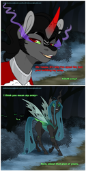 Size: 1200x2386 | Tagged: safe, artist:eve-of-halloween, king sombra, queen chrysalis, changeling, changeling queen, pony, unicorn, hallowverse, tumblr:askmotherlyluna, g4, antagonist, army, ask, cracked horn, detailed background, exoskeleton, female, forest, glowing, glowing eyes, green eyes, holes, horn, legs, muttonchops, red eyes, shadow, smug, spread wings, villainess, wings