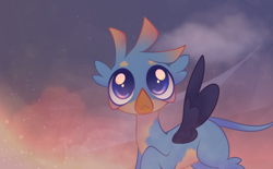 Size: 1074x664 | Tagged: safe, gallus, griffon, g4, the hearth's warming club, :<, blue eyes, cloud, fluffy, lonely, looking at something, male, sky, solo