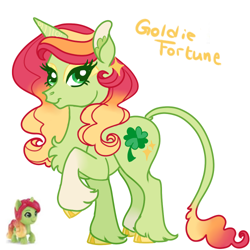 Size: 500x500 | Tagged: safe, artist:galaxys-intuition, goldie fortune, classical unicorn, pony, unicorn, g5, cloven hooves, clover, colored hooves, eyeshadow, female, four leaf clover, gold hooves, gradient mane, green coat, hooves, horn, leonine tail, makeup, mare, multicolored hair, red hair, red mane, redesign, simple background, solo, tail, unshorn fetlocks, white background, yellow mane