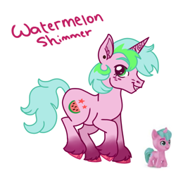 Size: 500x500 | Tagged: safe, artist:galaxys-intuition, watermelon shimmer, pony, unicorn, g5, blue mane, colored hooves, ear piercing, earring, food, freckles, gradient legs, green eyes, green mane, jewelry, male, multicolored hair, multicolored mane, piercing, red hooves, redesign, simple background, solo, stallion, toy, watermelon, white background