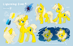 Size: 4454x2843 | Tagged: safe, artist:ls_skylight, oc, oc:lightning star, earth pony, pony, cutie mark, eye clipping through hair, female, filly, foal, glowing, long mane, long tail, reference, reference sheet, tail