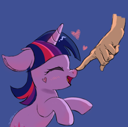 Size: 1334x1323 | Tagged: safe, artist:dawnflame, derpibooru exclusive, twilight sparkle, human, pony, unicorn, blue background, blushing, boop, cute, disembodied hand, duo, eyes closed, female, filly, filly twilight sparkle, floating heart, floppy ears, foal, hand, heart, nose blush, nose wrinkle, offscreen character, offscreen human, simple background, solo focus, twiabetes, unicorn twilight, younger