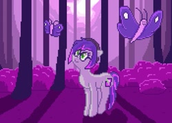 Size: 525x378 | Tagged: safe, artist:__briakitten, oc, oc only, butterfly, earth pony, pony, beanie, forest, glasses, hat, pixel art, smiling, solo