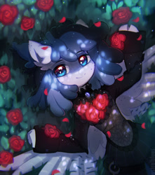 Size: 1280x1448 | Tagged: safe, artist:astralblues, oc, oc only, pegasus, pony, black dress, clothes, cloven hooves, dress, female, flower, looking at you, lying down, mare, on back, rose, smiling, smiling at you, solo