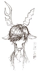 Size: 482x886 | Tagged: safe, artist:plusplus_pony, discord, draconequus, g4, alternate hairstyle, emo, emocord, gothcord, horn, japanese, kenshi yonezu, looking at you, serious, serious face, sketch, solo, unamused