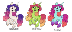 Size: 2807x1267 | Tagged: safe, artist:vernorexia, goldie fortune, isla breeze, izzy moonbow, sherbet sunset, pony, unicorn, g5, colored hooves, coloring page, gradient legs, gradient mane, happy, long mane, multicolored mane, recolor, simple background, transparent background, trio