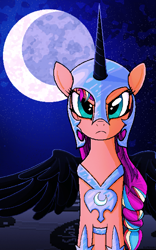 Size: 1105x1767 | Tagged: safe, artist:sluttershy, nightmare moon, sunny starscout, earth pony, pony, g5, my little pony: tell your tale, nightmare night party, spoiler:g5, spoiler:my little pony: tell your tale, spoiler:tyts01e30, clothes, cosplay, costume, determined, determined look, female, frown, halloween, halloween costume, holiday, mane stripe sunny, mare, moon, night, nightmare moon armor, nightmare night costume, nightmare sunny, pixel art, serious, serious face, solo