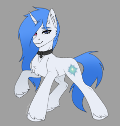 Size: 1452x1520 | Tagged: safe, artist:enderbee, oc, oc:whirligig firefly, pony, unicorn, blue hair, chest fluff, digital art, ear fluff, female, heterochromia, leg fluff, long hair, mare, raffle prize, raised hoof, sketch, slender, solo, sternocleidomastoid, thin, unshorn fetlocks