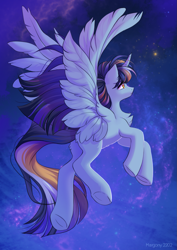 Size: 919x1300 | Tagged: safe, artist:margony, oc, oc only, alicorn, pony, alicorn oc, flying, horn, solo, spread wings, wings