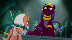 Size: 1920x1080 | Tagged: safe, screencap, somnambula, the sphinx, pegasus, pony, sphinx, daring done?, g4, season 7, 1080p, angry, butt, duo, egyptian, egyptian headdress, egyptian pony, fearless, plot, size difference