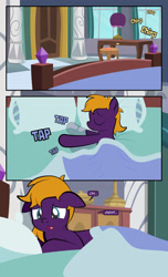 Size: 1920x3168 | Tagged: safe, artist:alexdti, oc, oc only, oc:purple creativity, pegasus, pony, comic:quest for friendship, bed, blanket, comic, dialogue, eyes closed, female, floppy ears, high res, hooves, indoors, lying down, mare, on bed, on side, onomatopoeia, open mouth, pegasus oc, pillow, smiling, solo, speech bubble
