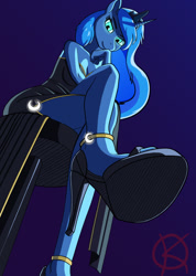 Size: 770x1080 | Tagged: safe, artist:kpapwiss, princess luna, unicorn, anthro, g4, clothes, dress, female, glowing, glowing eyes, high heels, looking at you, low angle, perspective, shoes, simple background, sitting, solo