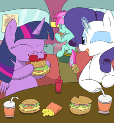 Size: 2215x2400 | Tagged: safe, artist:amateur-draw, rarity, twilight sparkle, oc, oc:belle boue, alicorn, pony, g4, burger, chubby, eating, fast food, female, food, french fries, hay burger, herbivore, high res, mare, restaurant, table, that pony sure does love burgers, twilight burgkle, twilight sparkle (alicorn)