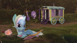 Size: 3840x2160 | Tagged: safe, artist:xppp1n, trixie, pony, unicorn, g4, 3d, blender, blender cycles, burger, cape, clothes, clothes line, eating, female, food, hamburger, hat, high res, levitation, lying down, magic, mare, reading, solo, telekinesis, trixie's cape, trixie's hat, trixie's wagon, wagon