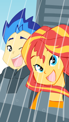Size: 1820x3183 | Tagged: safe, artist:aokushan, flash sentry, sunset shimmer, human, equestria girls, g4, duo, female, male, one eye closed, open mouth, open smile, roller coaster, ship:flashimmer, shipping, smiling, straight