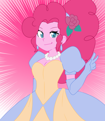 Size: 3299x3809 | Tagged: safe, artist:aokushan, pinkie pie, human, equestria girls, g4, beautiful, breasts, cinderella, cleavage, clothes, cute, diapinkes, dress, ear piercing, earring, female, flower, flower in hair, gloves, gown, high res, jetlag productions, jewelry, long gloves, looking at you, necklace, pearl necklace, piercing, pink, princess costume, smiling, smiling at you, solo, sunburst background