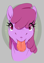 Size: 278x398 | Tagged: safe, artist:thebatfang, berry punch, berryshine, earth pony, pony, g4, aggie.io, bust, eye clipping through hair, female, gray background, hoers, looking at you, lowres, mare, ponerpics import, simple background, smiling, solo, tongue out, whiskers