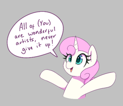 Size: 460x395 | Tagged: safe, artist:thebatfang, twinkleshine, pony, unicorn, g4, (you), aggie.io, dialogue, female, gray background, mare, open mouth, ponerpics import, positive ponies, raised arms, simple background, smiling, solo, speech bubble, talking