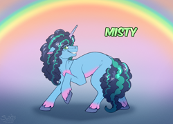 Size: 1400x1006 | Tagged: safe, artist:sunny way, misty brightdawn, pony, unicorn, g5, cute, female, floppy ears, freckles, horn, mare, rainbow, raised hoof, smiling, solo