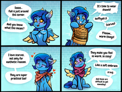 Size: 2111x1587 | Tagged: safe, artist:helmie-art, oc, oc only, oc:helmie, pegasus, pony, clothes, comic, male, scarf, solo, stallion