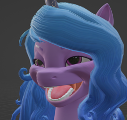Size: 808x763 | Tagged: safe, artist:pissmaster3000, izzy moonbow, pony, unicorn, g5, 3d, blender, bust, creepy, creepy smile, faic, female, mare, nightmare fuel, open mouth, portrait, shitposting, smiling, solo, teeth