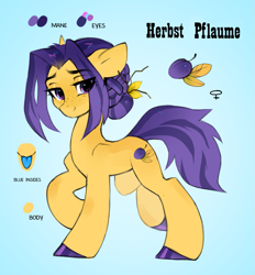 Size: 1349x1451 | Tagged: safe, artist:zlatavector, oc, oc only, oc:herbst pflaume, earth pony, pony, adoptable, blue insides, female, mare, reference sheet, solo