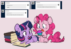 Size: 1280x877 | Tagged: safe, artist:chub-wub, pinkie pie, twilight sparkle, alicorn, earth pony, pony, g4, ask, blushing, book, chibi, cupcake, cute, diapinkes, duo, female, food, lesbian, lying down, mare, open mouth, plate, prone, reading, ship:twinkie, shipping, tumblr, twiabetes, twilight sparkle (alicorn)