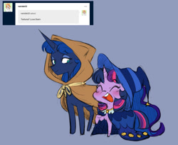 Size: 1280x1039 | Tagged: safe, artist:chub-wub, clover the clever, princess luna, star swirl the bearded, twilight sparkle, alicorn, pony, g4, ask, blue background, blushing, chibi, cloak, clothes, costume, cute, duo, female, hat, lesbian, lunabetes, mare, nightmare night costume, open mouth, raised hoof, robe, rope, ship:twiluna, shipping, simple background, tumblr, twiabetes, twilight sparkle (alicorn), wizard hat, wizard robe