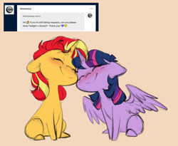 Size: 1280x1051 | Tagged: safe, artist:chub-wub, sunset shimmer, twilight sparkle, alicorn, pony, unicorn, g4, ask, blushing, chibi, cute, duo, ears back, eyes closed, female, happy, lesbian, looking at each other, looking at someone, mare, nuzzling, shimmerbetes, ship:sunsetsparkle, shipping, sitting, smiling, smiling at each other, spread wings, tumblr, twiabetes, twilight sparkle (alicorn), weapons-grade cute, wings