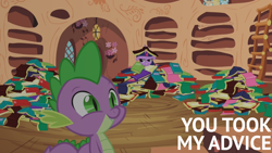 Size: 1920x1080 | Tagged: safe, edit, edited screencap, editor:quoterific, screencap, spike, twilight sparkle, g4, secret of my excess, book, floppy ears, golden oaks library
