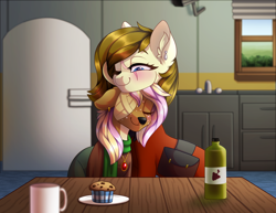 Size: 2500x1929 | Tagged: safe, artist:_ladybanshee_, oc, oc only, oc:dusty heartwood, oc:willow heartwood, deer, earth pony, pony, ashes town, fallout equestria, bandage, blonde, brown mane, camera, cider, clothes, coffee mug, cute, deer oc, dress, ear fluff, ear piercing, earring, earth pony oc, fallout, food, jewelry, kitchen, married, married couple, muffin, mug, non-pony oc, piercing, refrigerator, scar, scarf, sink