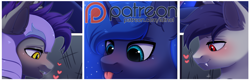 Size: 6560x2112 | Tagged: safe, artist:dinoalpaka, princess luna, alicorn, bat pony, pony, g4, advertisement, blushing, female, heart, horn, male, mare, open mouth, patreon, patreon link, patreon logo, patreon preview, royal guard, ship:guardluna, stallion, tongue out