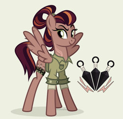 Size: 2169x2094 | Tagged: safe, artist:strixuraone, oc, oc only, oc:scarlet flair, pegasus, pony, clothes, commissioner:jewellier, high res, kunai, leg band, pegasus oc, potion, scar, shirt, simple background, tall