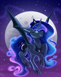 Size: 2400x3000 | Tagged: safe, artist:starcasteclipse, princess luna, alicorn, bat pony, bat pony alicorn, pony, g4, bat ponified, bat wings, flying, high res, horn, moon, race swap, smiling, solo, wings
