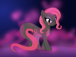 Size: 2948x2223 | Tagged: safe, alternate version, artist:badumsquish, derpibooru exclusive, trixie, hybrid, monster pony, pony, salazzle, g4, alternate cutie mark, alternate hair color, alternate hairstyle, bedroom eyes, eyeliner, eyeshadow, female, gradient background, high res, long tail, looking at you, makeup, pheromones, pokefied, pokémon, ponified, ponymon, race swap, show accurate, slit pupils, smiling, smirk, solo, species swap, tail, two toned coat