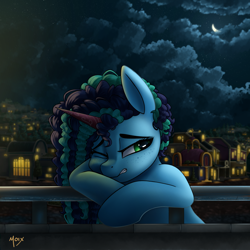 Size: 4000x4000 | Tagged: safe, artist:supermoix, misty brightdawn, pony, unicorn, g5, absurd resolution, beautiful, cloud, crying, cute, female, looking down, mare, maretime bay, moon, night, sad, sky, sobbing, solo, stars, town