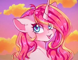 Size: 1024x782 | Tagged: safe, artist:arllistar, oc, oc only, oc:rosa flame, pony, unicorn, bust, female, floppy ears, looking at you, mare, smiling, solo, sunset