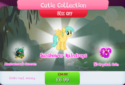 Size: 1267x860 | Tagged: safe, gameloft, sunshower raindrops, pegasus, pony, g4, book, bundle, bush, caravan, costs real money, cutie collection, english, female, healer's mask, mare, mask, mountain, mountain range, numbers, sale, solo, spread wings, text, wings