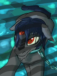 Size: 1500x2000 | Tagged: safe, artist:skunkstripe, king sombra, fanfic:when i look at you, g4, broken horn, chained, collar, eye reflection, fanfic, fanfic art, fanfic cover, horn, lying down, mane down, prison, red eyes, reflection, seductive look
