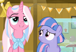 Size: 800x554 | Tagged: safe, screencap, clear sky, wind sprint, pegasus, pony, unicorn, common ground, g4, angry, animated, confused, duo, duo female, female, filly, foal, freckles, gif, glare, mare, mother and child, mother and daughter, museum, talking, unamused, wind sprint is not amused