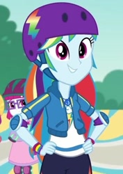 Size: 509x718 | Tagged: safe, screencap, little red, rainbow dash, human, equestria girls, g4, my little pony equestria girls: better together, sic skateboard, cropped, female, hand on hip, helmet
