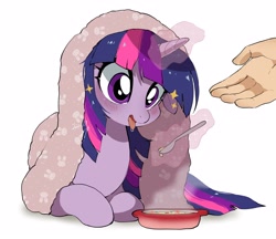 Size: 3344x2894 | Tagged: safe, artist:potetecyu_to, twilight sparkle, human, pony, unicorn, blanket, blushing, bowl, cute, female, floppy ears, food, glowing, glowing horn, hand, high res, horn, levitation, lying down, magic, mare, offscreen character, open mouth, prone, simple background, soup, spoon, telekinesis, tongue out, twiabetes, unicorn twilight, white background