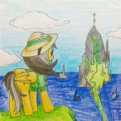 Size: 863x863 | Tagged: safe, artist:mintytreble, daring do, pegasus, pony, g4, city, cityscape, mount aris, solo, traditional art