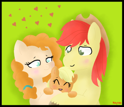 Size: 712x611 | Tagged: safe, artist:nikytale, applejack, bright mac, pear butter, earth pony, pony, g4, baby, babyjack, female, foal, hat, heart, male, mare, smiling, stallion, younger